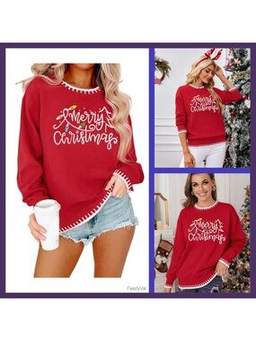 Women's Merry Christmas Crewneck Pullover Sweater Knit Holiday Top